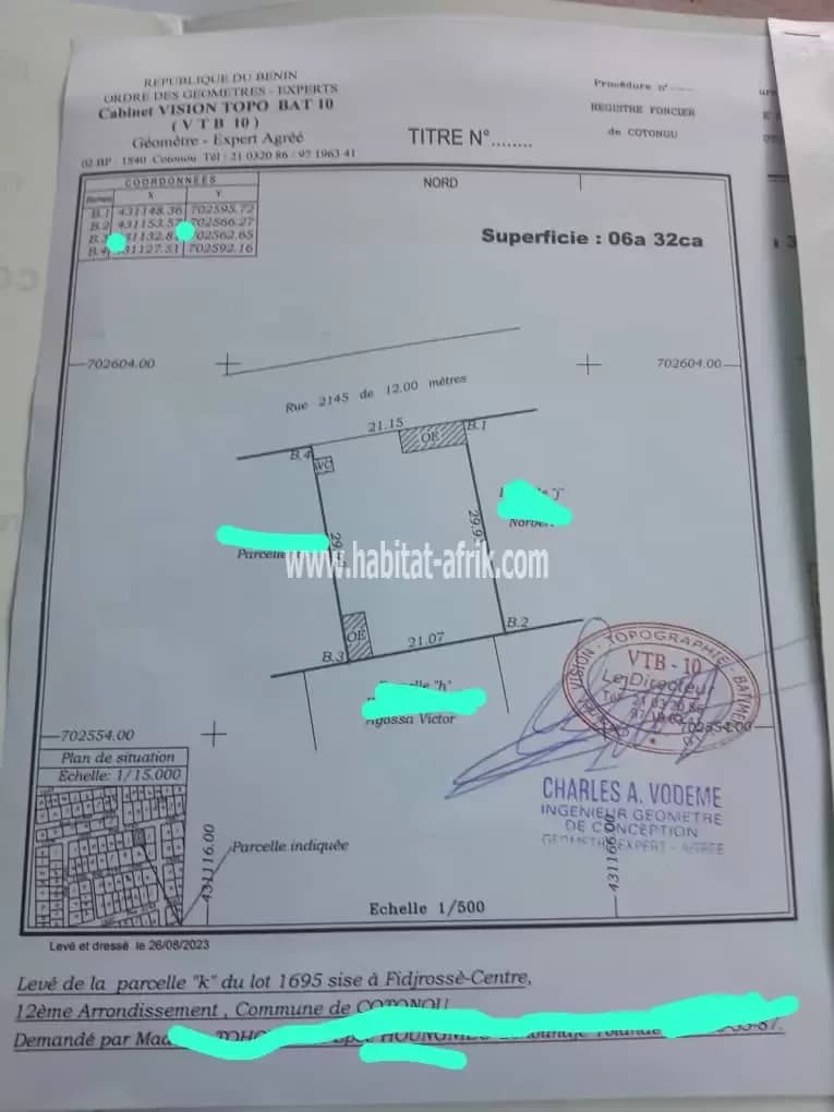 PARCELLE AVEC TF PERSONNEL À VENDRE À COTONOU FIDJROSSÈ CENTRE