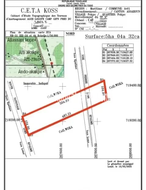 Nous mettons en vente une parcelle de 05 hectares en bordure du goudron Azanhoun fokpo lome togo