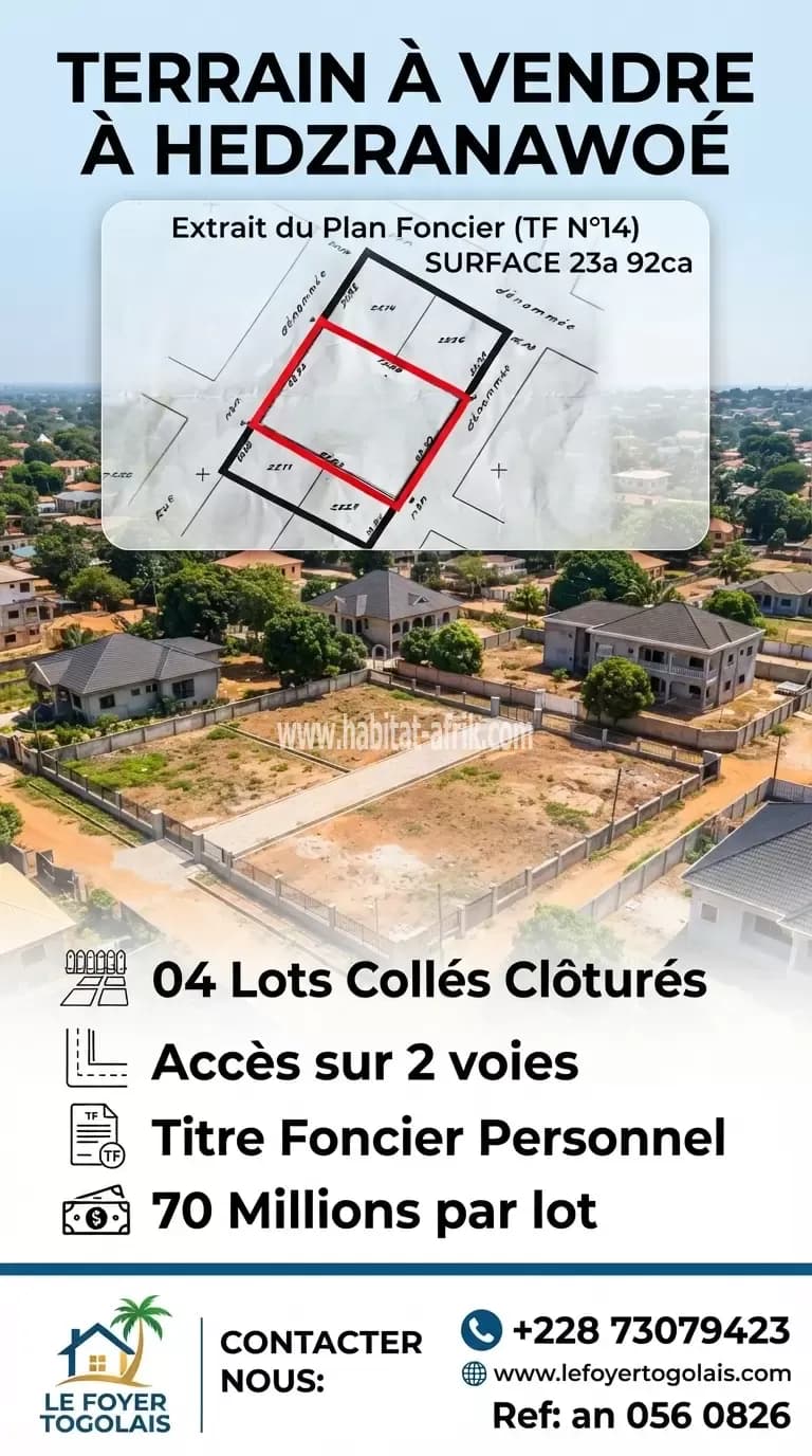 Terrain à vendre quatre lots collé avec titre foncier ouvert sur deux à Hedzranawoe piscine atlantique lome togo