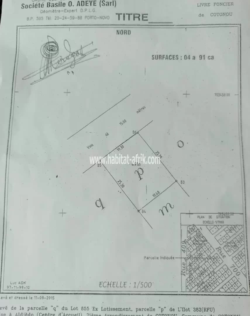 Vente à Cotonou Gbedjromèdé Centre d'accueil, au bord des pavés, 02 parcelles ensemble (o et p)et en angle de rue