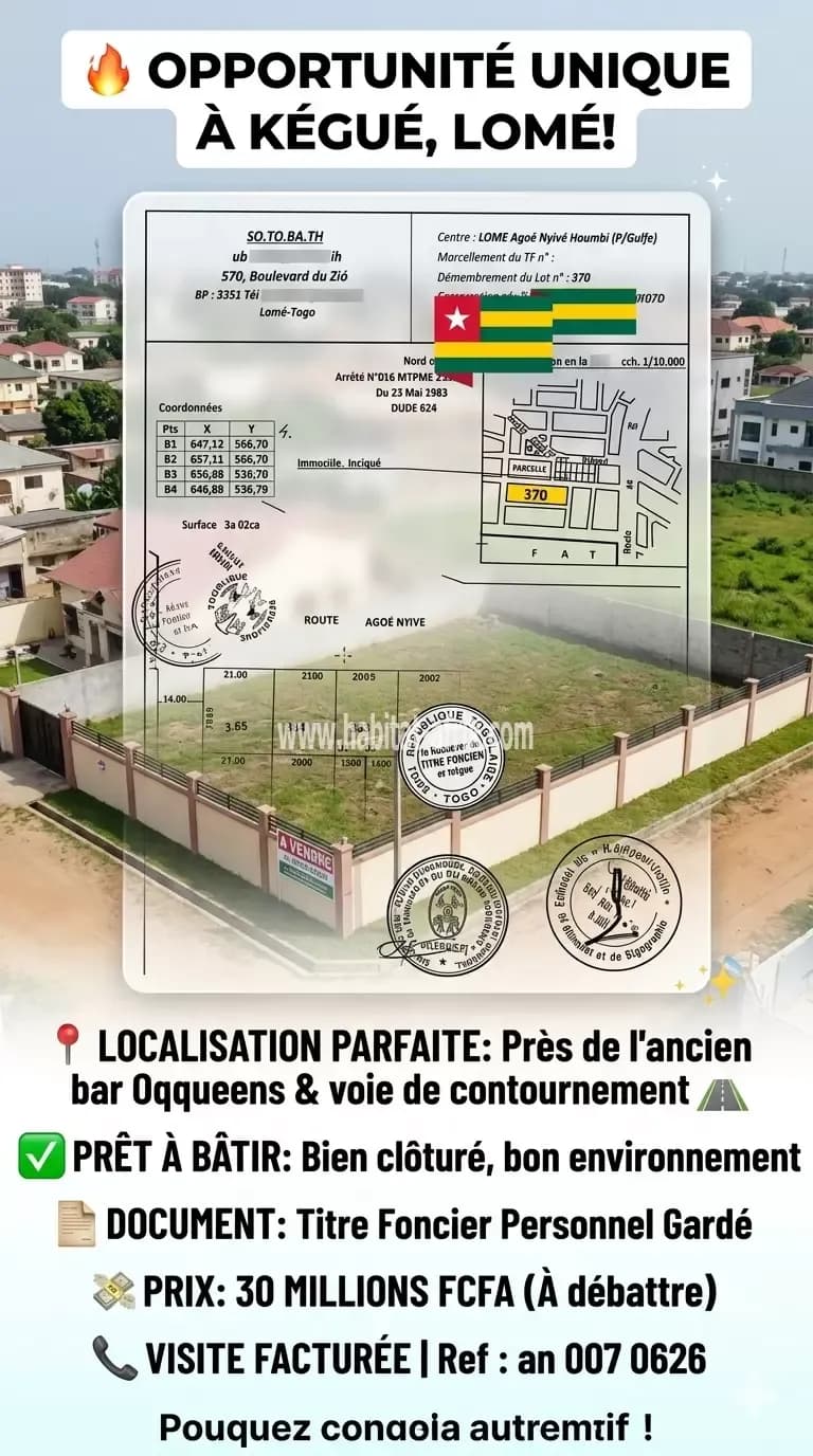 Nous mettons en vente une parcelle bien positionné demi lot à Kegue oqueen Lomé Togo
