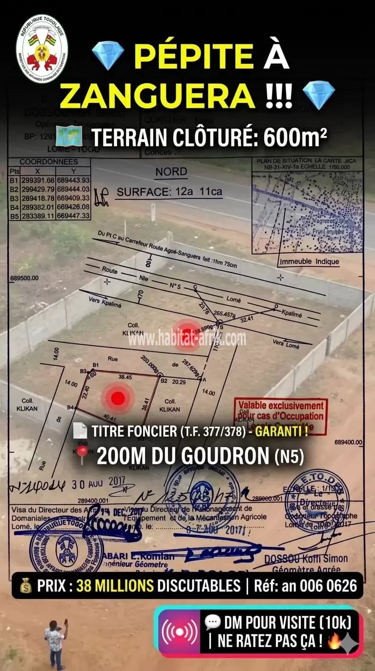Vente d’une parcelle un lot situé à sanguera ancien péage 200m du goudron lome togo