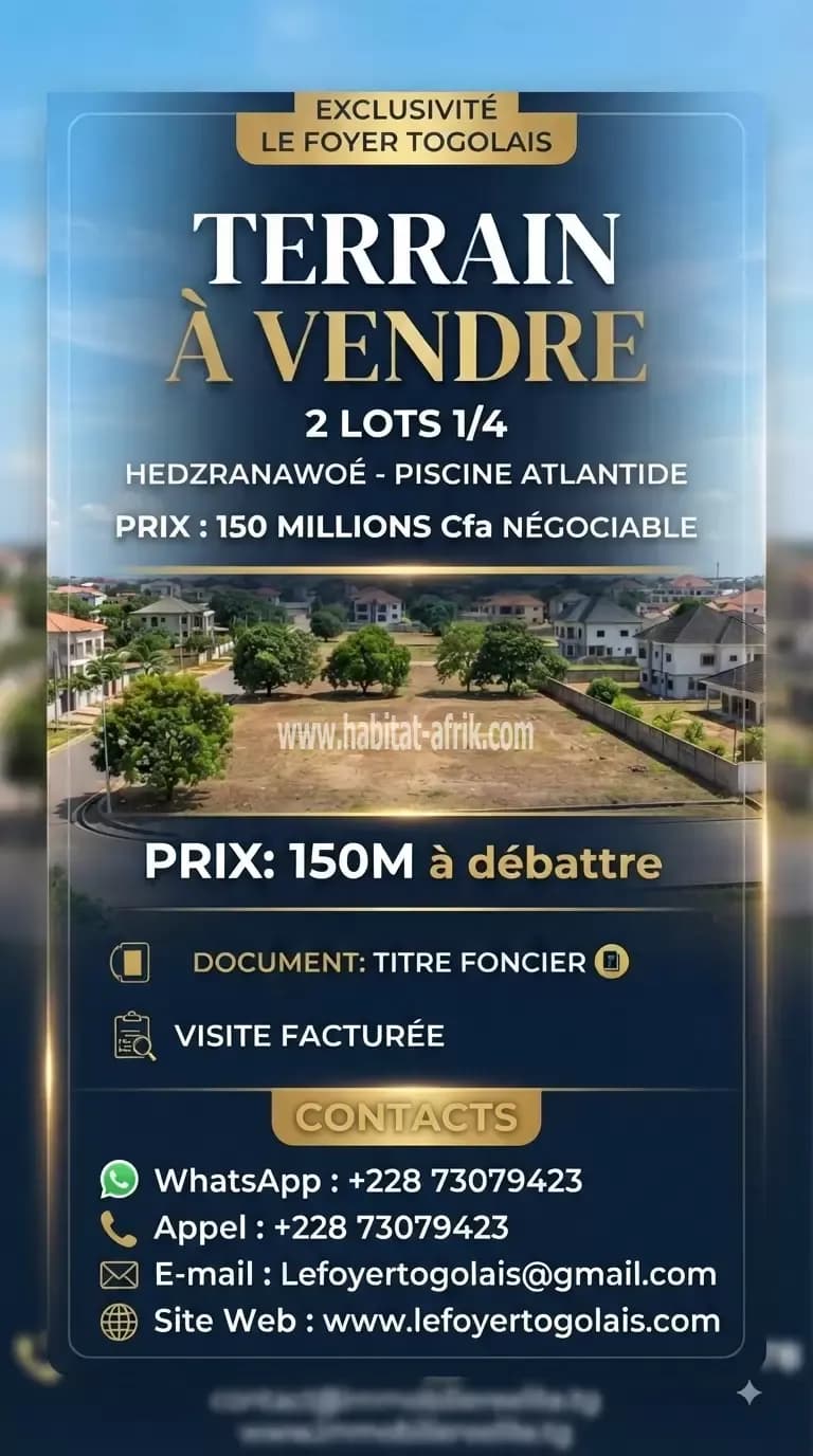 Terrain à vendre deux lots un quart avec titre foncier bien positionné situé à Hedzranawoe lome togo