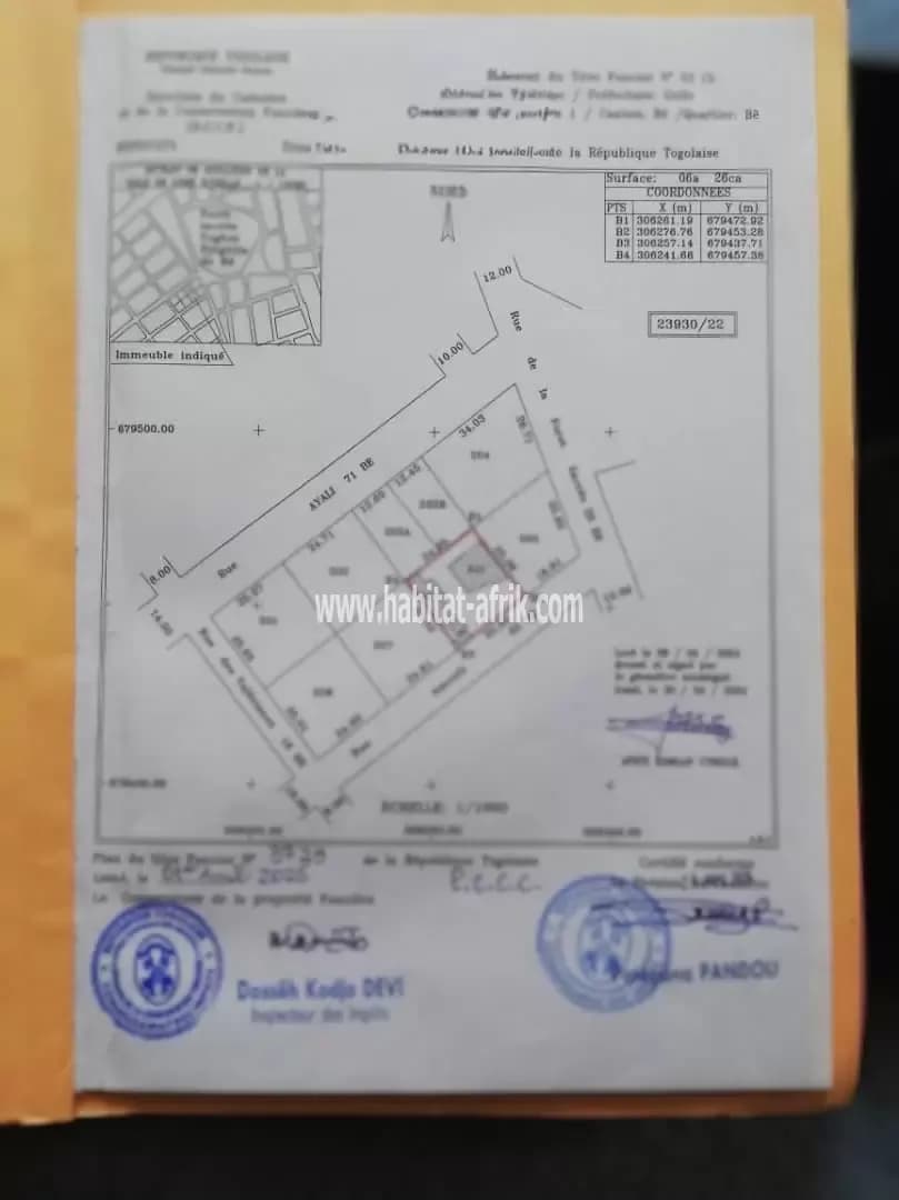 Nous mettons en vente une parcelle de 01 lot, terrain situé à be mairie lome togo