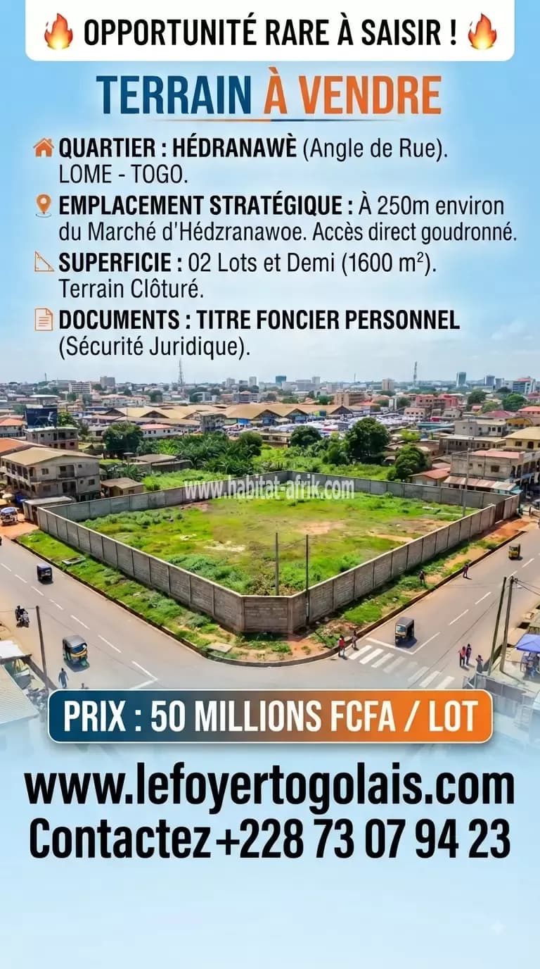 Terrain à vendre deux (2) lots et demi en angle de rue bien situé pour tout projet à Hedzranawoe marché lome togo