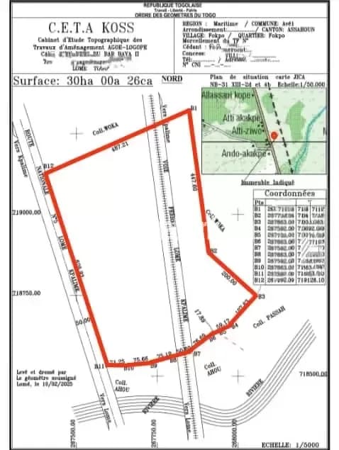 Nous mettons en vente une parcelle agricole de 30hectares en bordure du goudron situé à assanhoun fokpo togo sur la nationale n’5 Lomé Kpalimé
