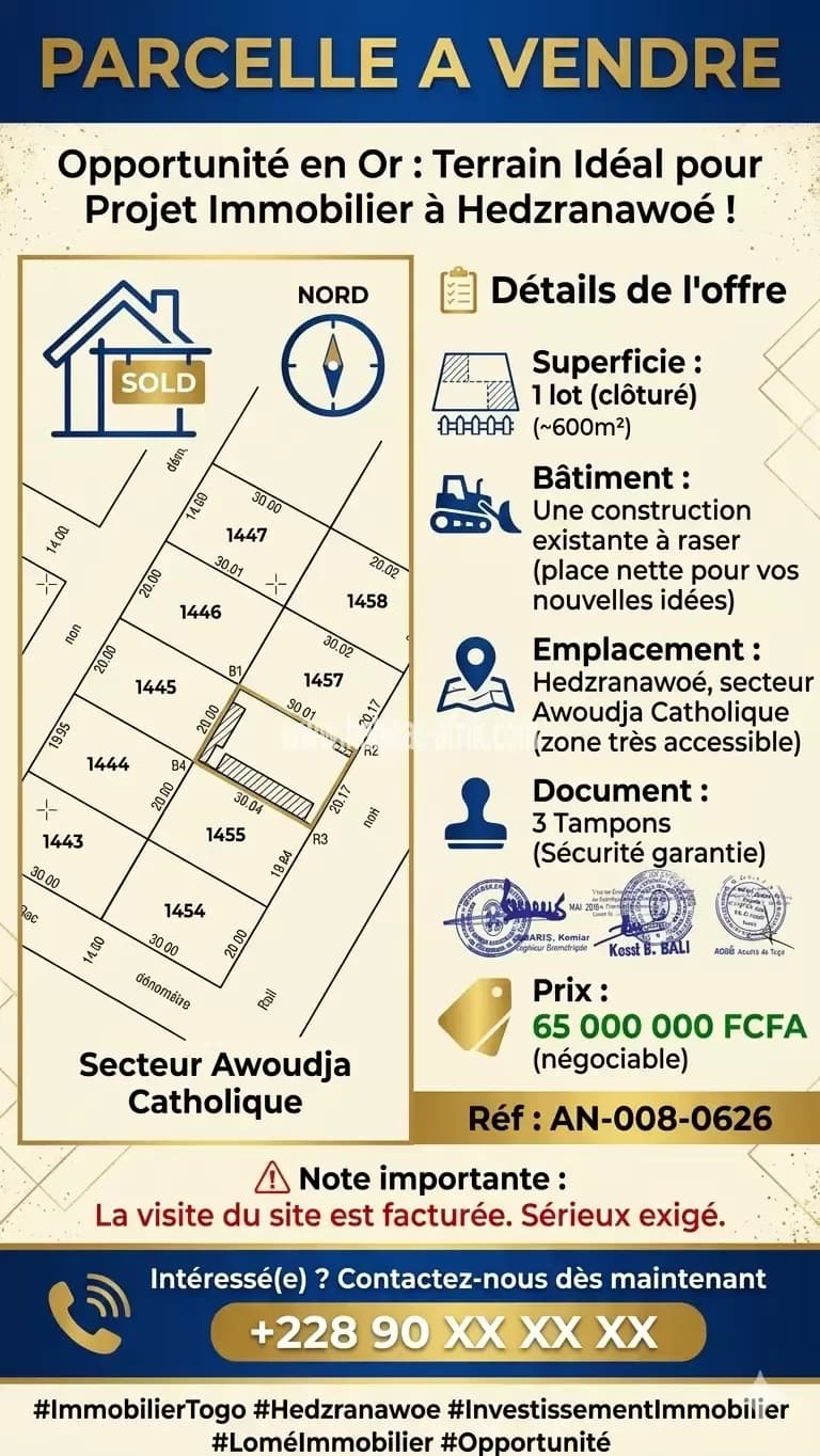 Nous mettons en location une parcelle de contenance un lot, terrain situé à Hedzranawoe awoudja lome togo