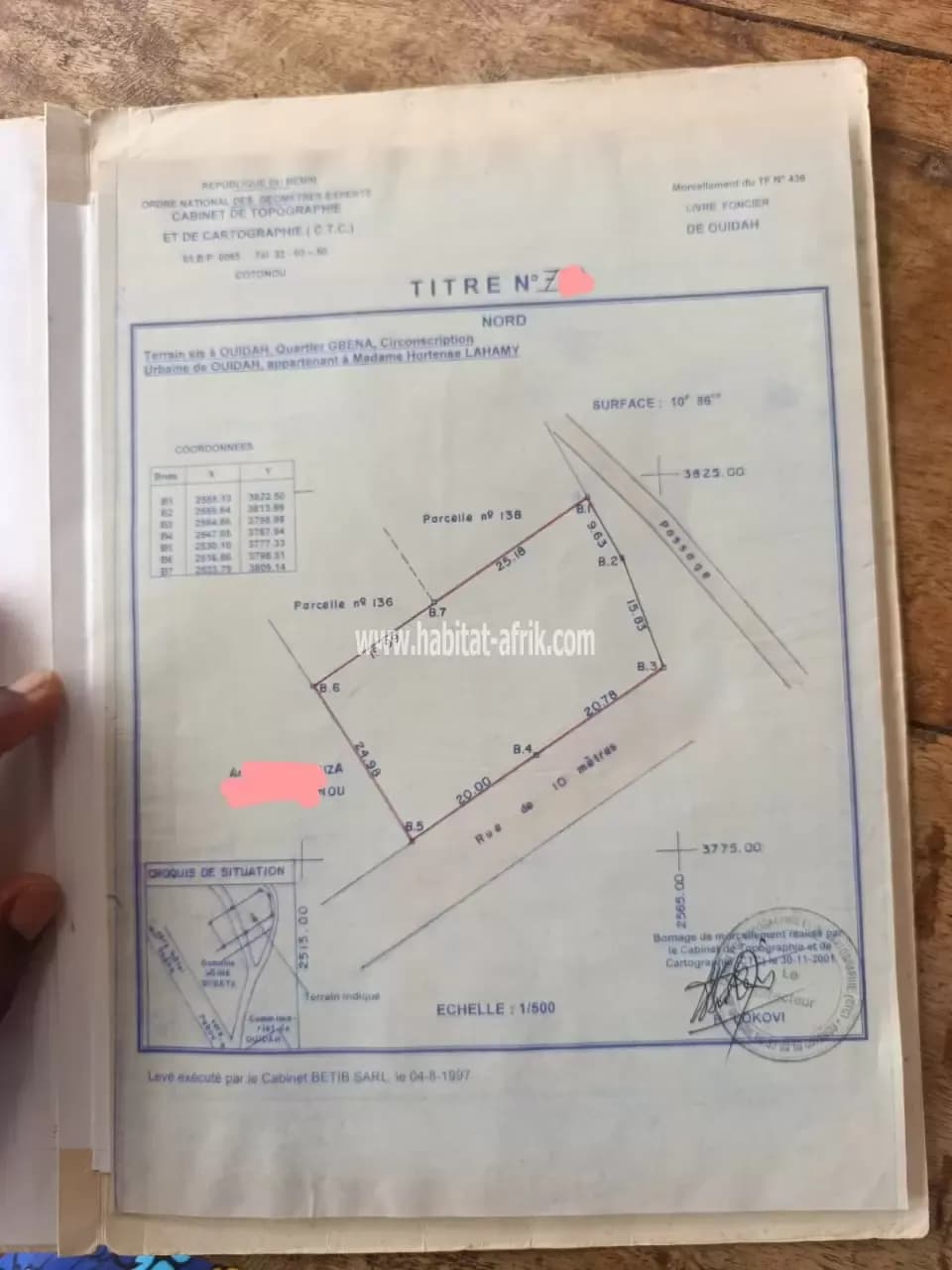 Vente de domaine de 1086 m2 à Ouidah