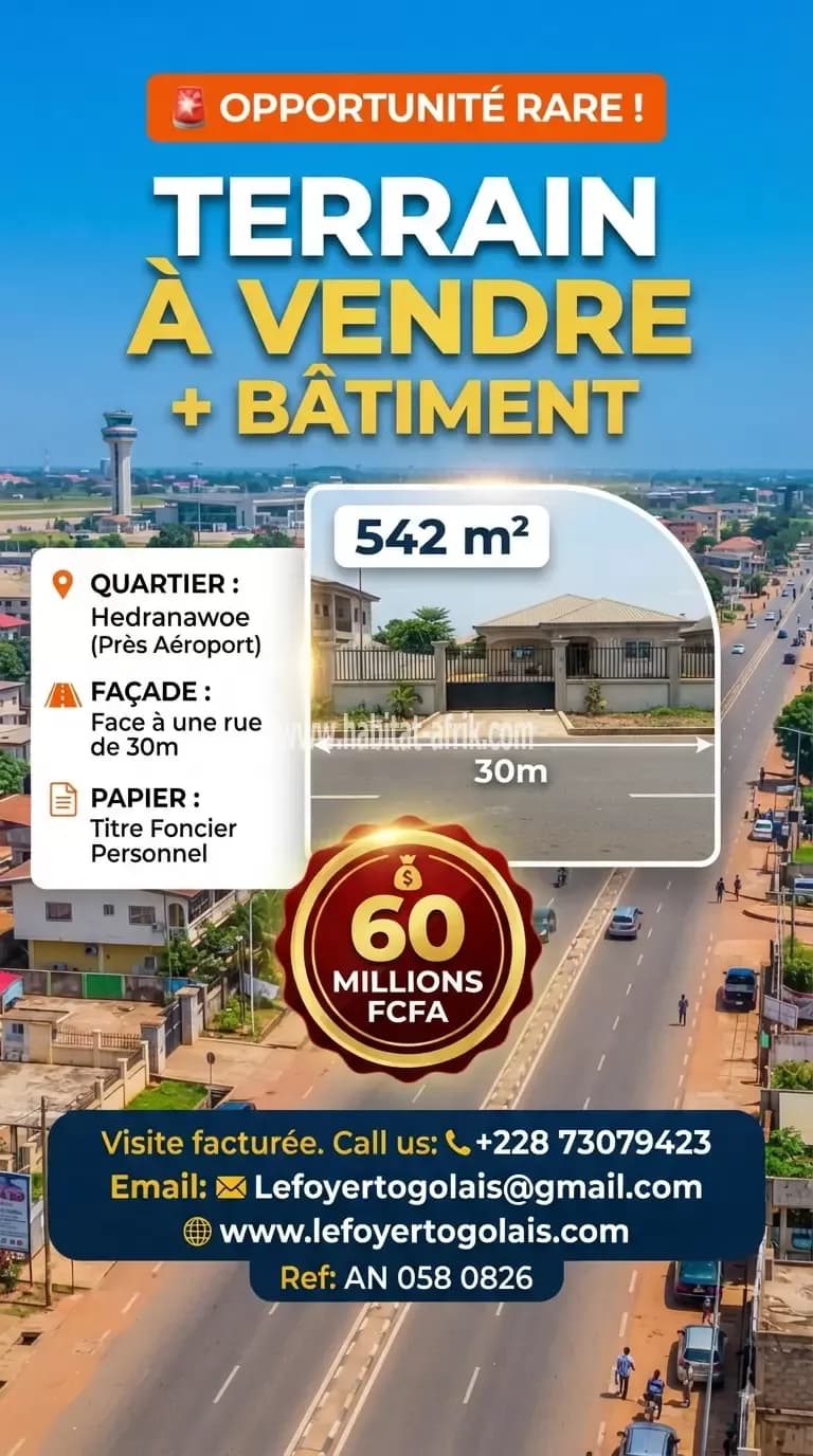 Terrain à vendre un lot avec titre foncier situé à aéroport Hedzranawoe lome togo