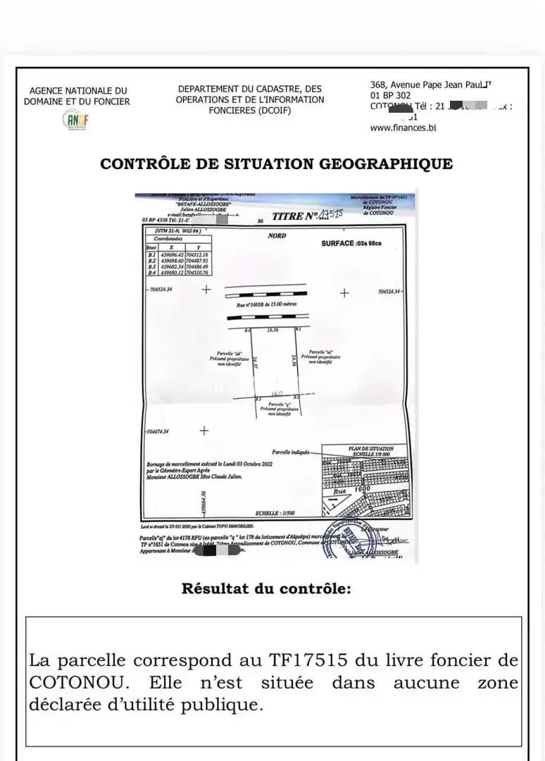 PARCELLE AVEC TF À VENDRE À COTONOU DERRIÈRE CINÉ CONCORDE AKPAKPA