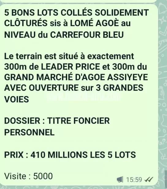 5 BONS LOTS COLLÉS SOLIDEMENT CLÔTURÉS sis à LOMÉ AGOÈ au NIVEAU du CARREFOUR BLEU*