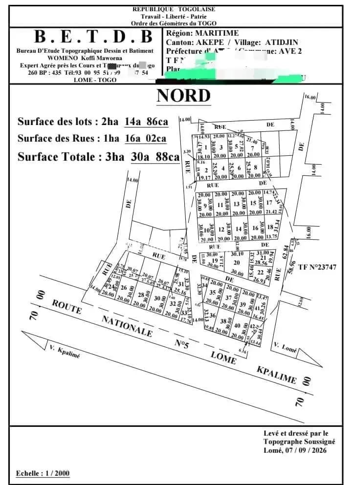 Terrain à vendre, Plus de 30 lots disponibles avec titre foncier au bord du goudron de l'ancien péage avant la société fabrique brique sanguera lome togo
