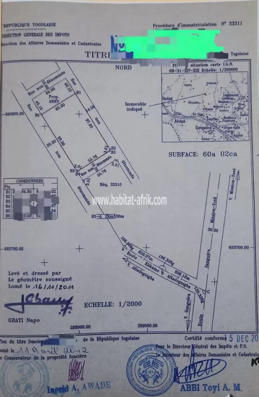 Terrain a vendre 04 lots à déduire avec titre foncier situé à 1km du goudron kpala lome togo