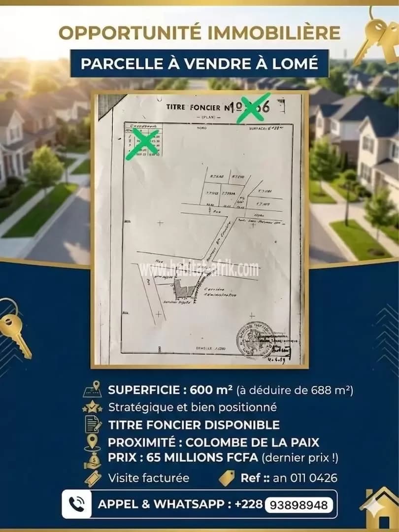 Terrain à vendre, un lot a déduire de 688 mètres carrés bien positionné, pour tout projet situé a 100 mètres du boulevard N’01, précisément colombe de la paix lome togo