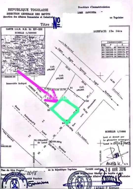 Nous mettons en vente une parcelle de terrain un lot et un quart avec titre foncier à déduire de 2 lot situé à sanguera avant peage lome togo