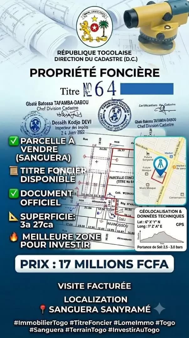 Nous mettons en vente une parcelle de terrain demi lot (300m2) solidement clôturer situé à 600 mètres du goudron rond point sanguera lome togo