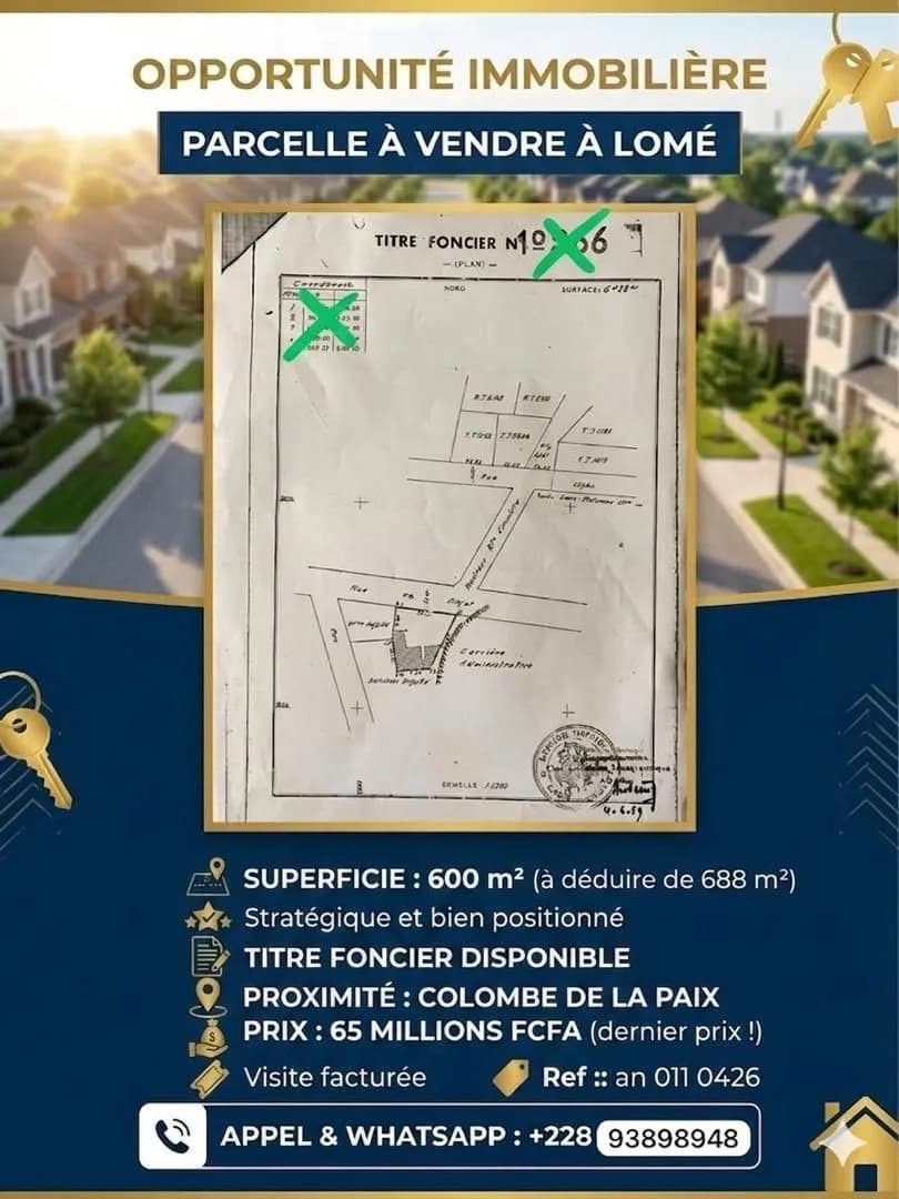 Terrain à vendre, 1 lot avec titre foncier à déduire de 688 mètres carrés au centre ville juste moin de 100 metres du goudron colombe de la paix lome togo