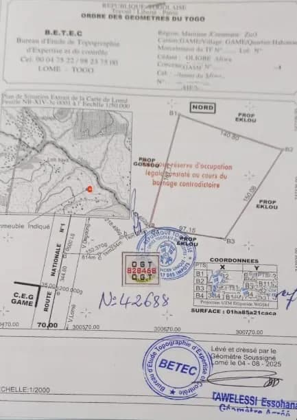 Terrain agricole à vendre, 02 hectares collés à 800 mètres du goudron gamé togo